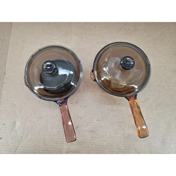 Vintage Vision Corning Sauce Pan Pot w/Pyrex Lid Amber Glass Cookware 2 of